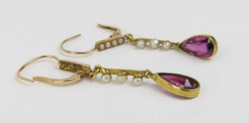 A pair of rhodolite garnet and pearl drop earrings