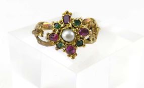 A 19th century pearl, ruby and emerald stylised cluster ring