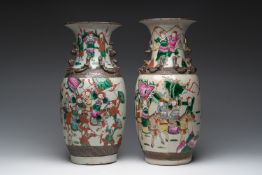 Two Chinese Nanking crackle glazed famille rose 'warrior' vases, 19th/20th C.