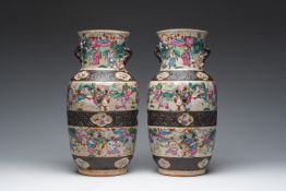 A pair of fine Chinese Nanking crackle glazed famille rose 'warrior' vases, 19th C.