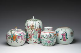 Four Chinese famille rose and qianjiang cai jars with animated scenes and floral and 'Wu Shuang Pu'