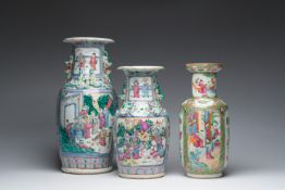 Three Chinese Canton famille rose 'warrior and palace scenes' vases, 19th C.