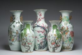 Five Chinese famille rose and qianjiang cai vases with animated scenes, animals and flowers, 19th/20