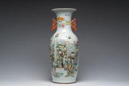 A Chinese qianjiang cai double design vase with an audience and a bird among blossoming branches, 19