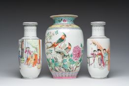 Three Chinese famille rose vases with palace scenes and birds among blossoming branches, Qianlong ma