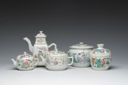 Three Chinese famille rose and qianjiang cai teapots and two bowls and covers with animated scenes a