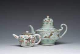 Two Chinese famille rose and verte teapots and covers with birds among blossoming branches, 19th C.