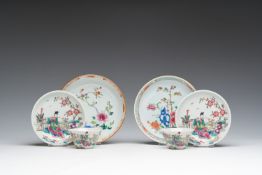 Two Chinese famille rose saucers and two pairs of French Samson famille rose style 'musician' cups a