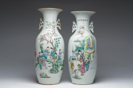 Two Chinese famille rose vases with ladies and children in a palace garden, 19th/20th C.