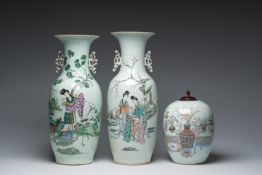 Two Chinese famille rose 'Magu' vases and a doucai 'antiquities' jar and cover, 19th/20th C.