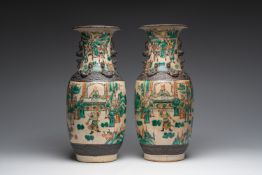 A pair of Chinese Nanking crackle glazed famille verte 'warrior' vases, 19th C.