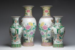 Two pairs of Chinese famille rose and famille verte vases with birds among blossoming branches and a