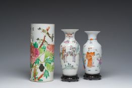 A Chinese reticulated qianjiang cai hatstand with birds among blossoming branches and two famille ro