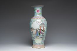 A Chinese famille rose baluster vase with court ladies relaxing in a palace garden, Qianlong mark, R