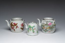 Three Chinese famille rose and qianjiang cai teapots and covers with floral design and antiquities,