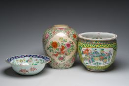 A Chinese Nanking crackle glazed famille rose jar with roosters and flowers, Kangxi mark, a bowl and