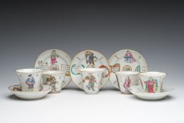 Five Chinese famille rose 'Wu Shuang Pu' cups and saucers, Daoguang marks, 19th C.