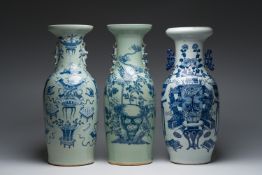 Three Chinese blue and white celadon ground vases with antiquities and birds among blossoming branch