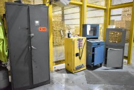 LOT/ HIGHBOY CABINET, JUSTRITE FIREPROOF CABINET, (2) COMPUTER/OPERATOR STATIONS