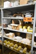 LOT/ CONTENTS OF SHELF - INCLUDING SPROCKETS, GEARS, SPARE ELECTRICAL COMPONENTS, HARDWARE, REPAIR