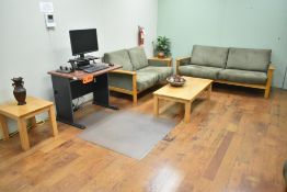 LOT/ LOBBY/WAITING ROOM FURNITURE - INCLUDING SOFAS, COFFEE TABLE, END TABLES, ARMCHAIR, SIDE