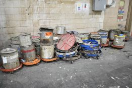 LOT/ BARREL DOLLIES AND PAINT/STAIN POTS