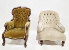 Victorian mahogany framed armchair with scrolling shaped top rail and scrolling arms, upholstered in