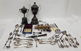 Mixed lot of silver-plate including two twin-handled lidded trophies (both with presentation