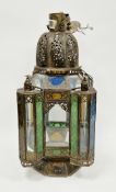 Moroccan Moorish-style brass hall lantern with pierced sides, clear glass panels and embossed
