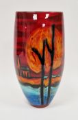 Anita Harris trial pottery vase, compressed oviform, decorated in bright flambe glazes with a church