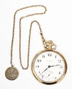 Waltham open faced pocket watch, the enamel dial with Arabic hour markers, seconds subsidiary dial