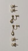 Two pairs of 9ct yellow gold and cultured pearl stud earrings and a pair of 9ct yellow gold screw