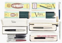 Collection of pens and pencils including a cased Parker 61 fountain pen, a cased Parker 51 jotter