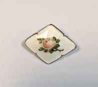 Norwegian sterling silver and enamel brooch of lozenge form, decorated with a rose on a white