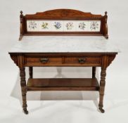 Late Victorian mahogany washstand, the upstand inset with five Mintons china works tiles, each