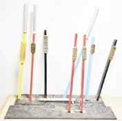 Six brass railway signal box lever plates, all with various numbers and instructions, largest 15.5cm