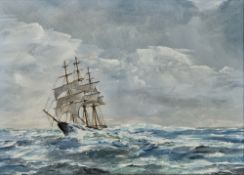 Unattributed, 20th century Oil on canvas Maritime scene with tall masted ship on choppy sea,