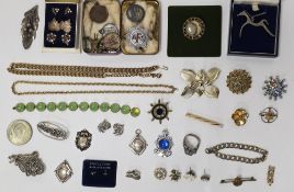Collection of mixed costume jewellery, including three silver fob pendants, 26.8g, gilt metal