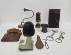 Mixed lot of collectable items including a brass and metal miner's safety lamp, antique lock and