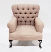 Modern armchair in the 19th century style, with brown button back upholstery, on cabriole legs