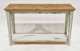 Pine console table of rectangular form, the green distressed painted base having square tapering