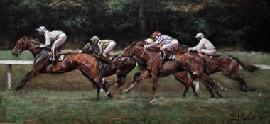 21st century British school  Pastel on paper Equestrian racing scene, indistinctly signed Hland