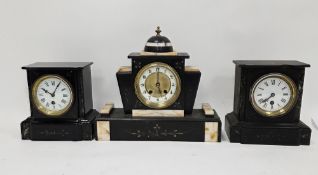 Two small Victorian slate mantel clocks and another with domed decoration and inset white marble,