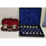 Cased Victorian silver pair of salts and salt spoons, Birmingham 1892, Hilliard & Thomason, the