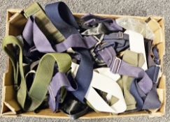 Collection of Army, Navy and other belts, mainly canvas and leather in green, white, blue, red and