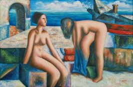 K. Carmello Oil on canvas Two nude female bathers, signed lower right, 61cm x 91cm With frame, not