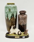 Two West German pottery vases and a Beswick Pottery group of a siamese cat and mouse, the first vase