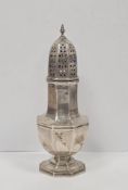 George V silver sugar shaker, Sheffield 1932, Harrods of London, of plain hexagonal baluster form