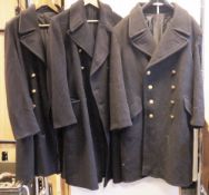 Three Royal Naval-style wool overcoats, two by BW Marinemantel of Germany, with Royal Naval brass