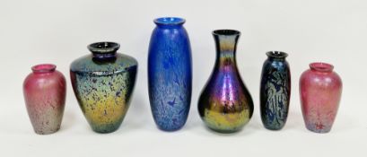 Group of Royal Brierley Art Glass iridescent vases, including a pair of oviform ruby vases, three in